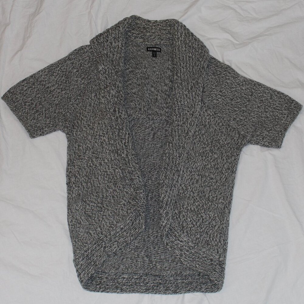 Express Gray/White Variegated Short Sleeve Heavy Open Front Roll Collar Sweater